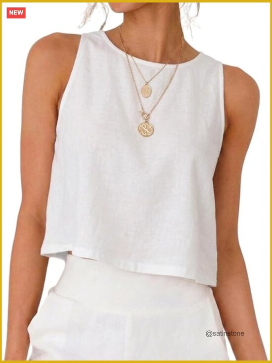 Tops - Crewneck Sleeveless Tank Top Cotton Blend Relaxed Fit Cute Spring Summer Beach